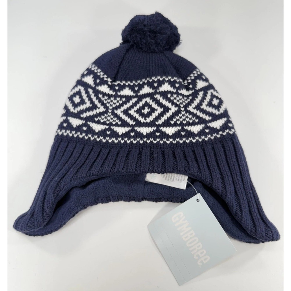 Gymboree Hat Beanie Fitted Youth 6-12 Months Navy White Ear Flap Pom Winter New